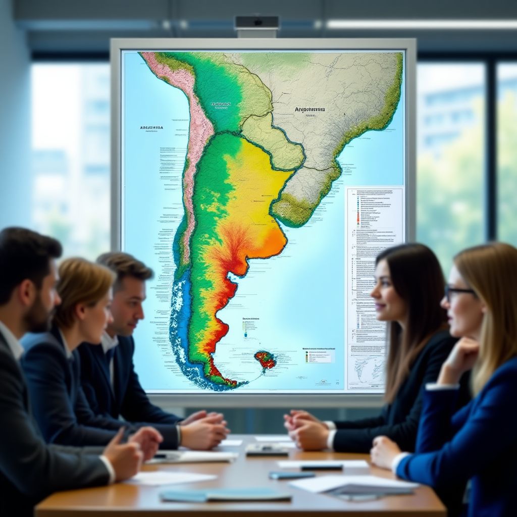 Equipo de expertos analizando un mapa de inversiones en Argentina